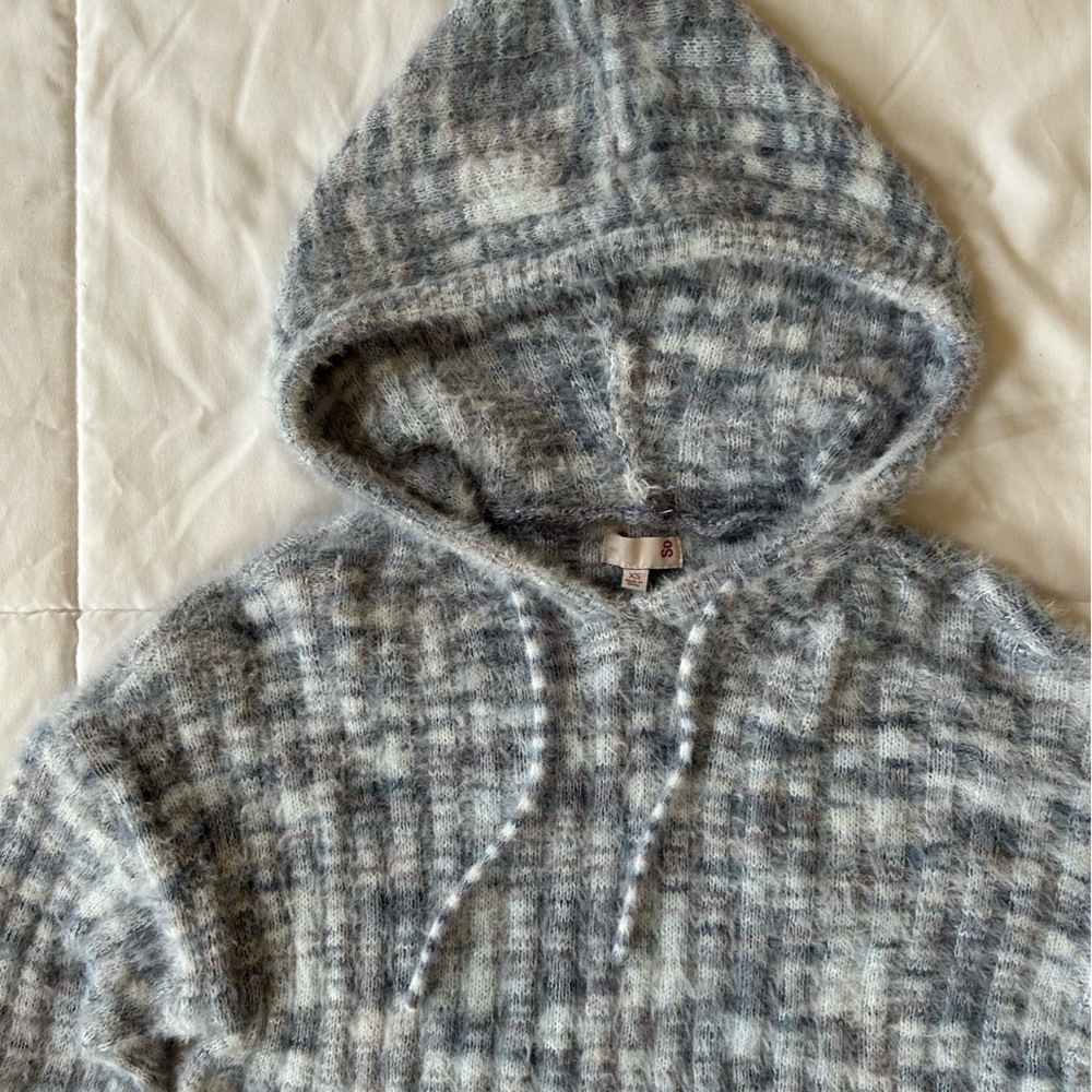 Y2K SO Light Blue Cropped Stretchy Ribbed Knit Sweater with Hood - Picture 2 of 7